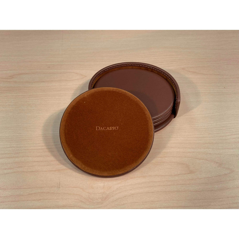 Rustic Brown Leather 4 Round Coaster Set w/ Holder