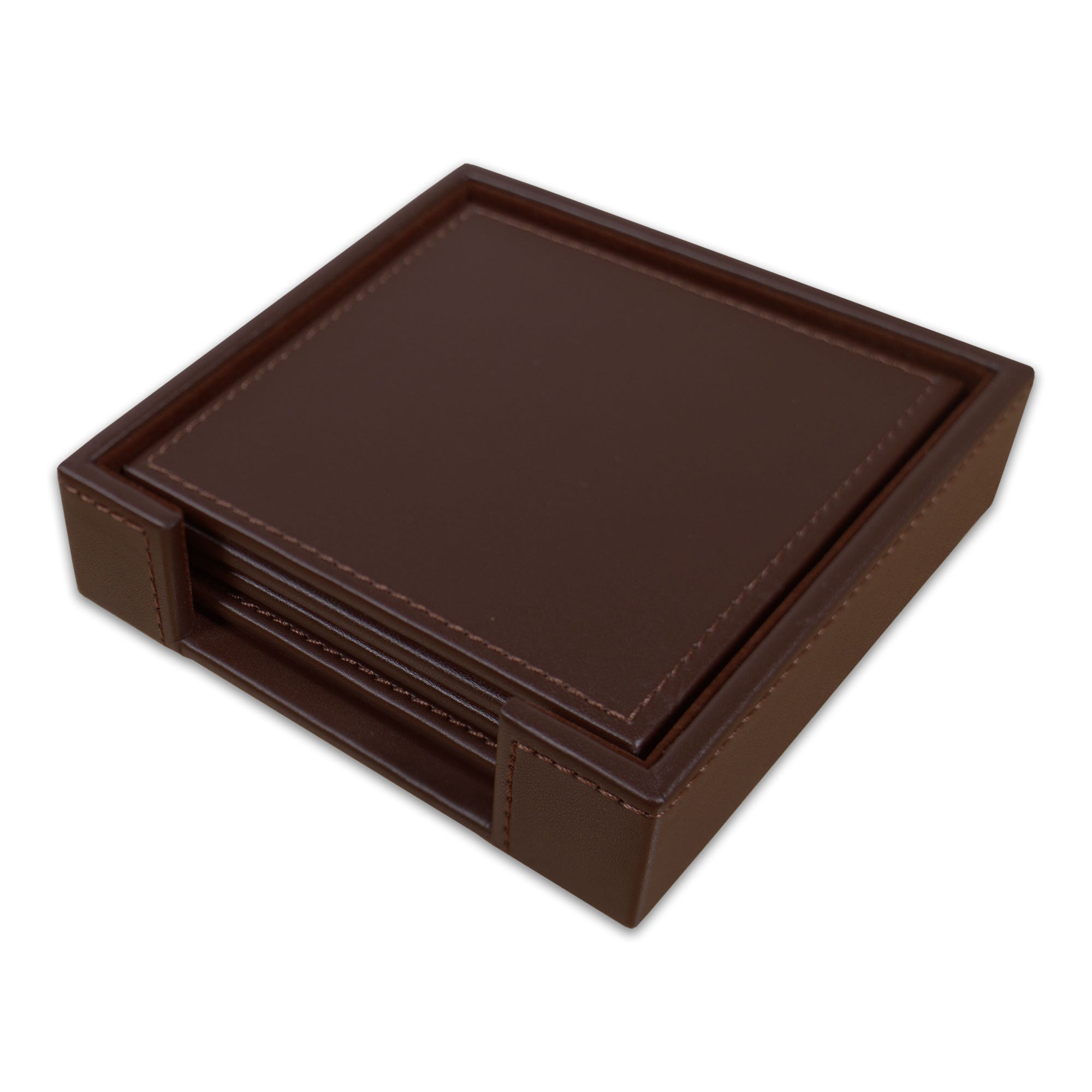 Chocolate Brown Leatherette 4 Square Coaster Set w/ Brown Tone-on-Tone Stitching and Holder