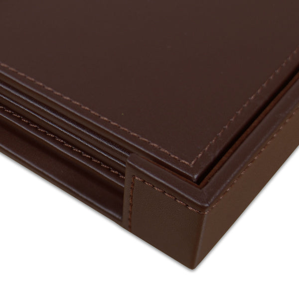 Chocolate Brown Leatherette 4 Square Coaster Set w/ Brown Tone-on-Tone Stitching and Holder
