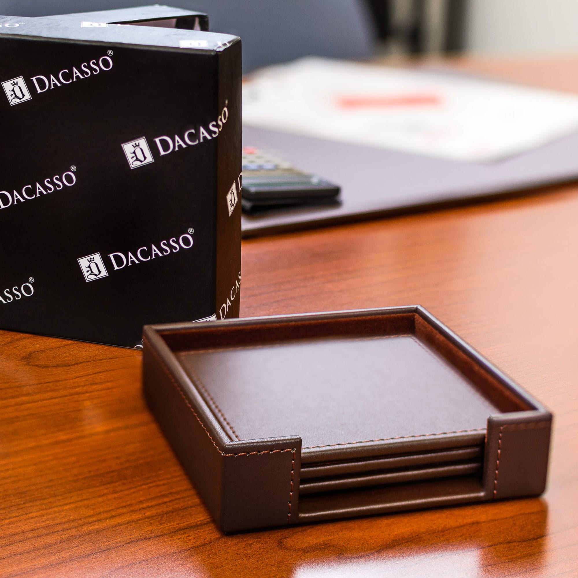 Chocolate Brown Leatherette 4 Square Coaster Set w/ Brown Tone-on-Tone Stitching and Holder