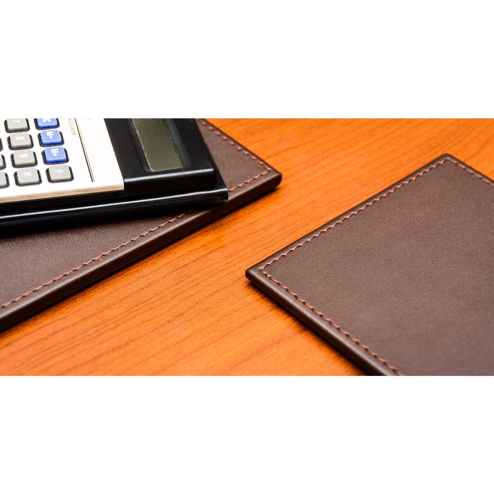 Chocolate Brown Leatherette 4 Square Coaster Set w/ Brown Tone-on-Tone Stitching and Holder