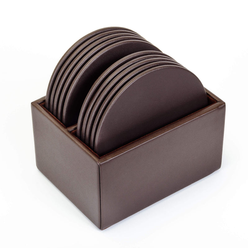 Chocolate Brown Leatherette 10 Round Coaster Set w/ Holder