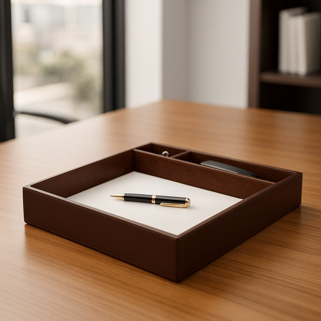 Chocolate Brown Leatherette Conference Room Organizer Tray