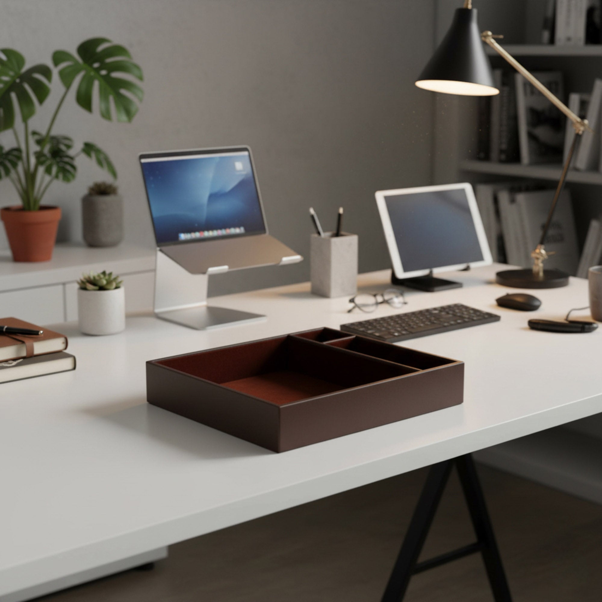 Chocolate Brown Leatherette Conference Room Organizer Tray