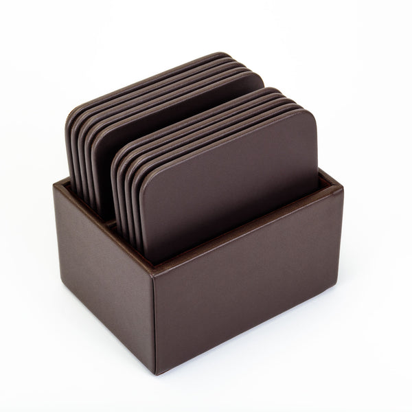 Chocolate Brown Leatherette 10 Square Coaster Set w/ Holder