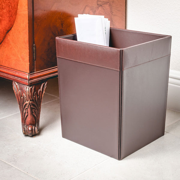 Chocolate Brown Leather Square Waste Basket, 14 Qt