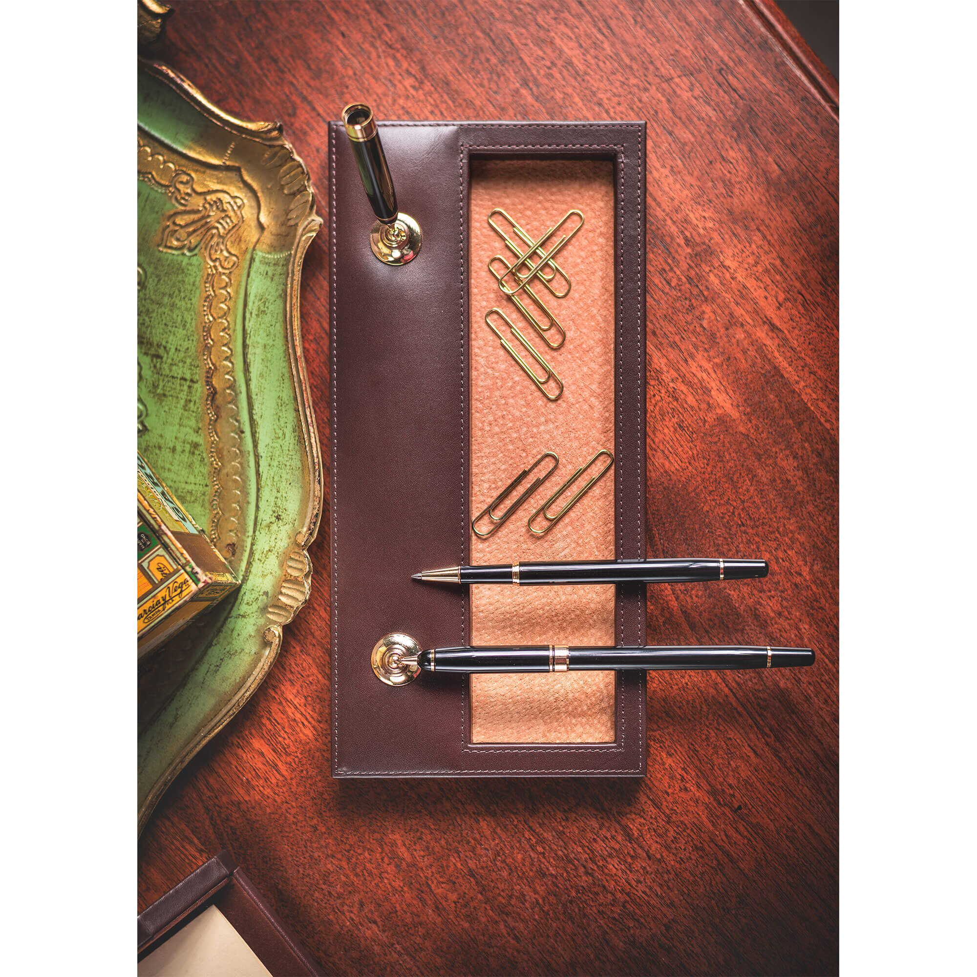 Chocolate Brown Leather Double Pen Stand with Gold Accents