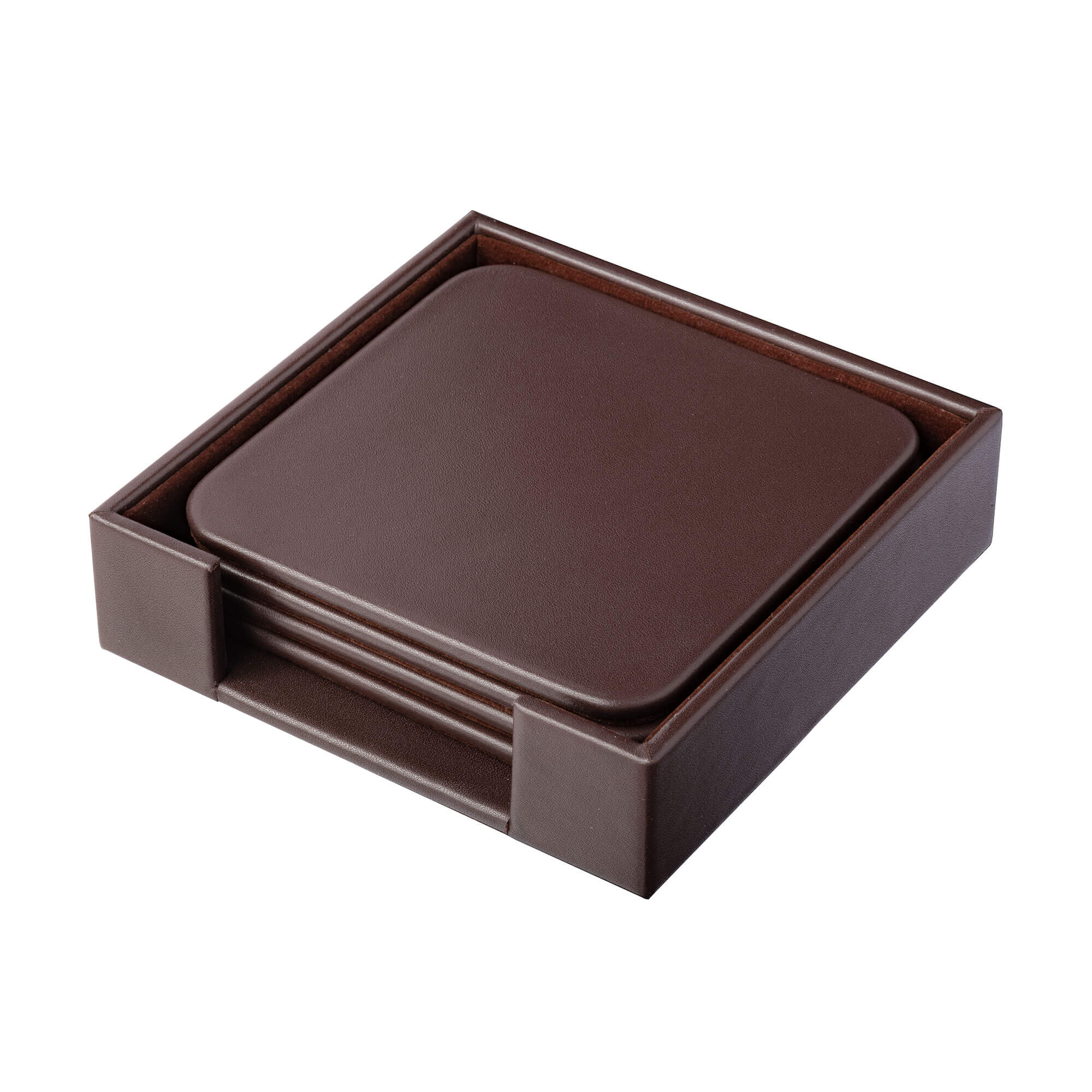 Chocolate Brown Leatherette 4 Square Coaster Set w/ Holder