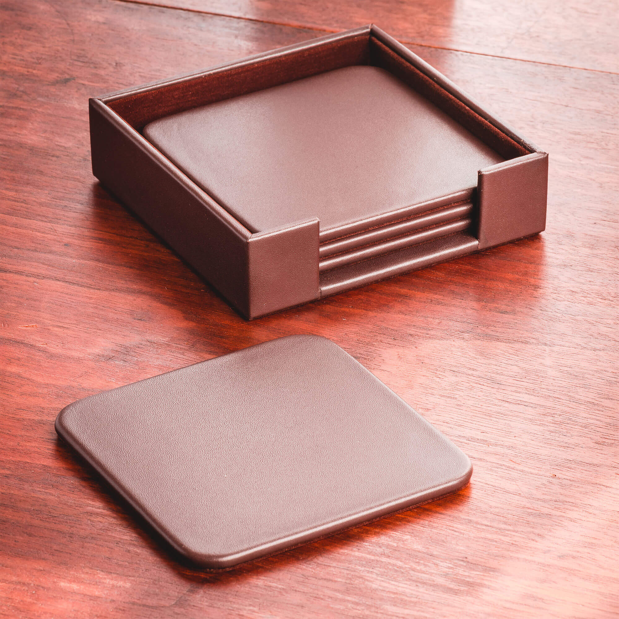 Chocolate Brown Leatherette 4 Square Coaster Set w/ Holder