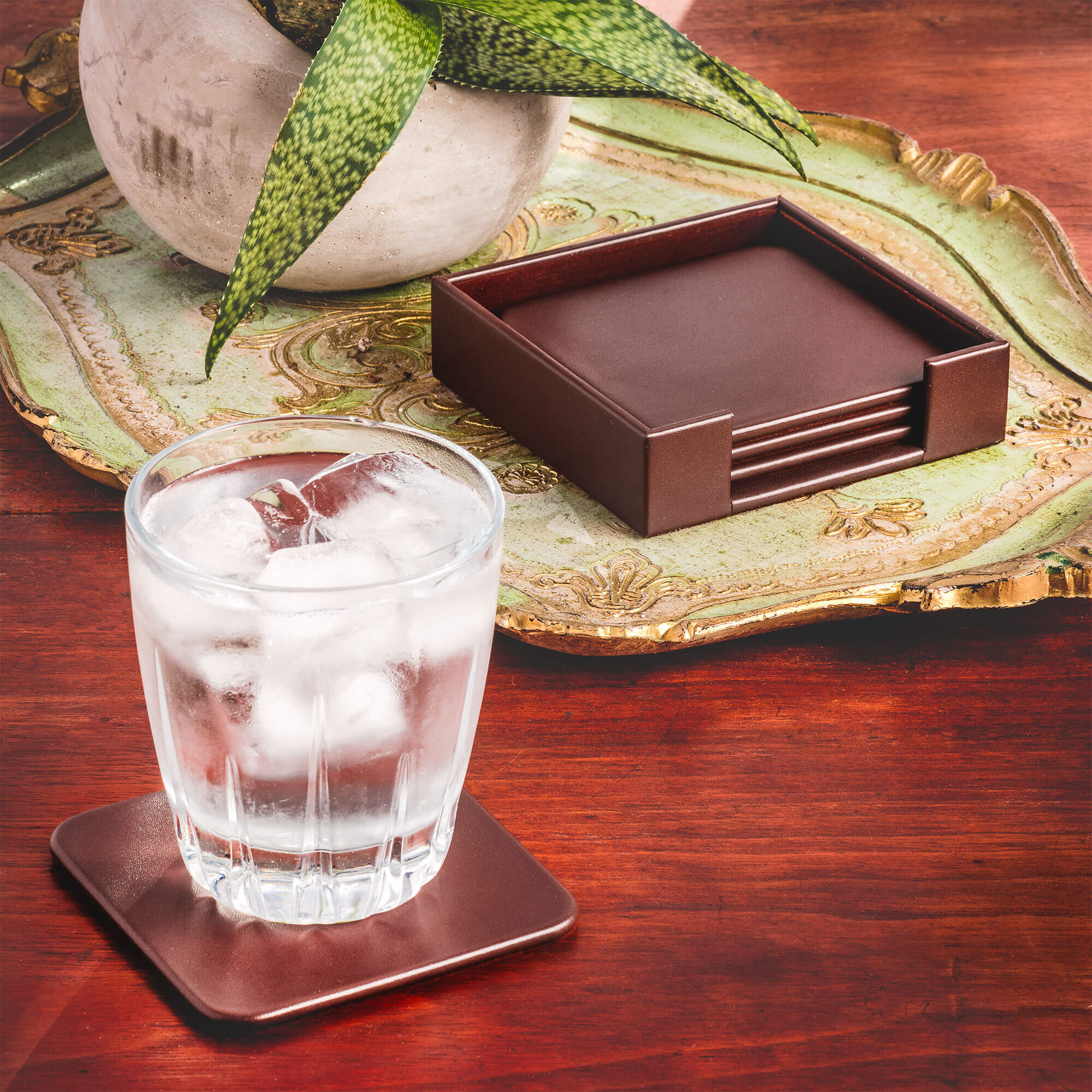 Chocolate Brown Leatherette 4 Square Coaster Set w/ Holder
