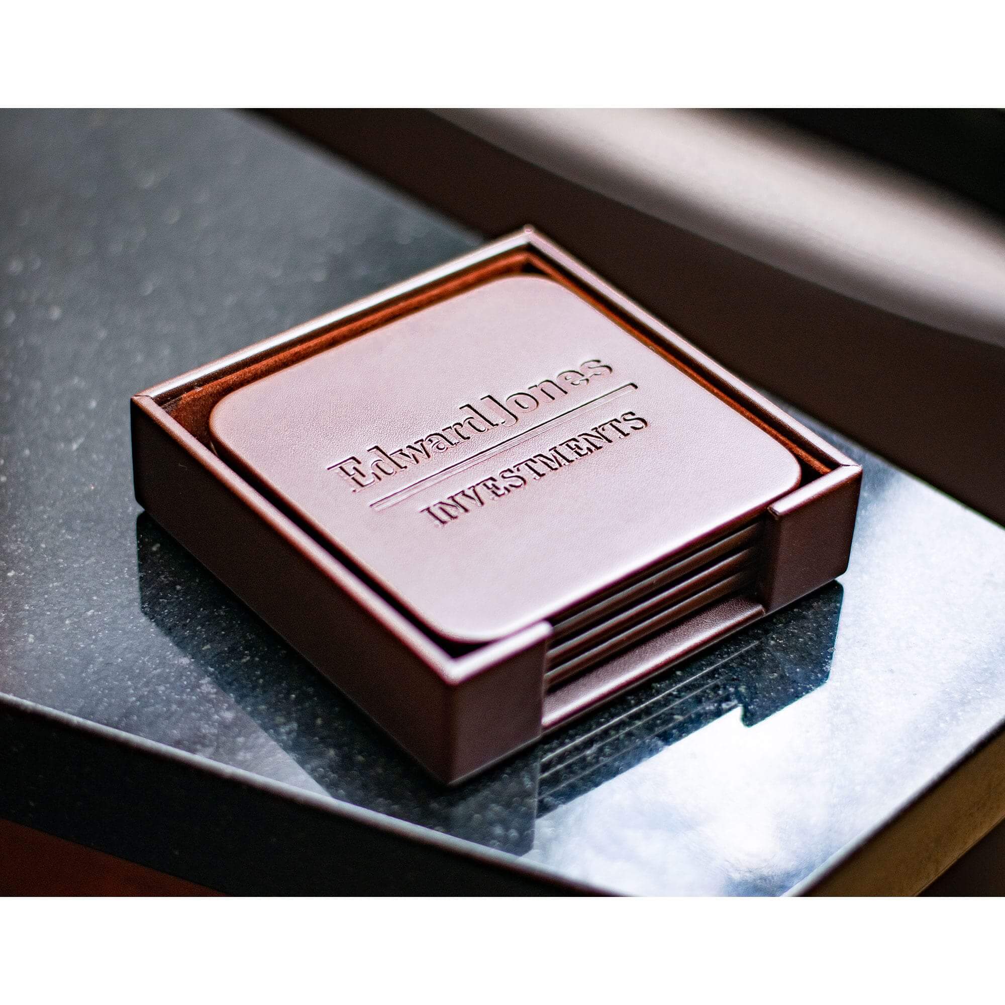 Chocolate Brown Leatherette 4 Square Coaster Set w/ Holder