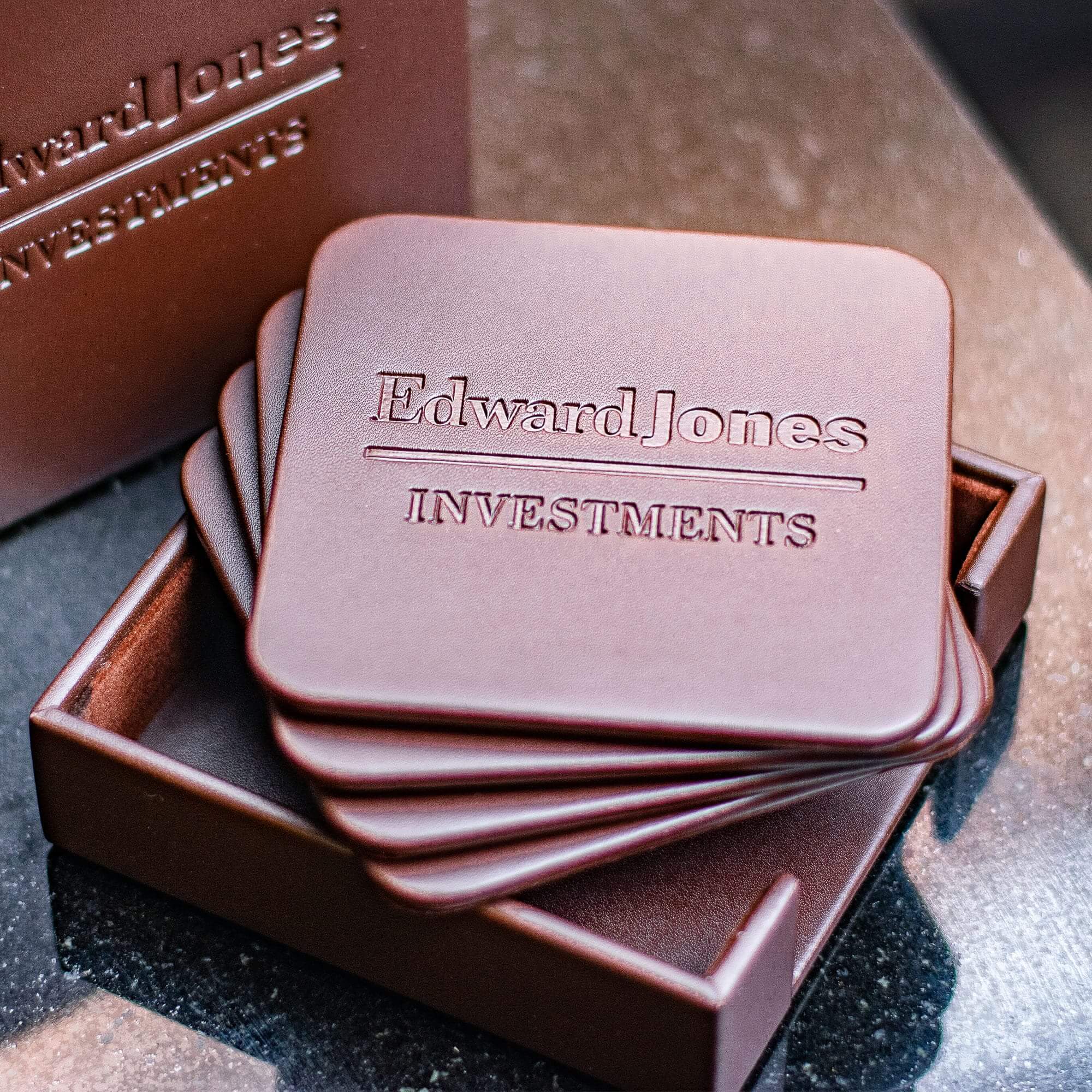 Chocolate Brown Leatherette 4 Square Coaster Set w/ Holder