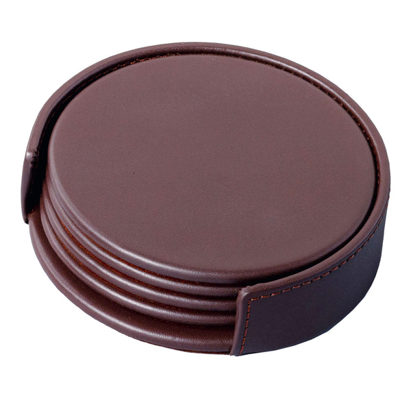 Chocolate Brown Leatherette 4 Round Coaster Set w/ Holder