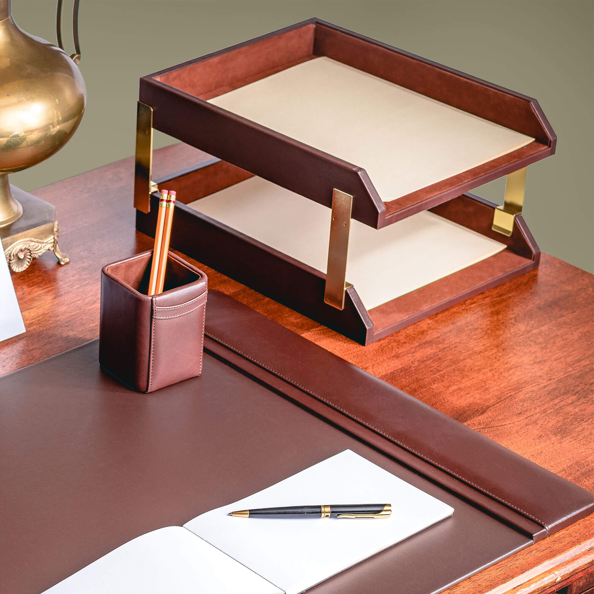 Chocolate Brown Leather Letter Trays, Stacking Set, Gold