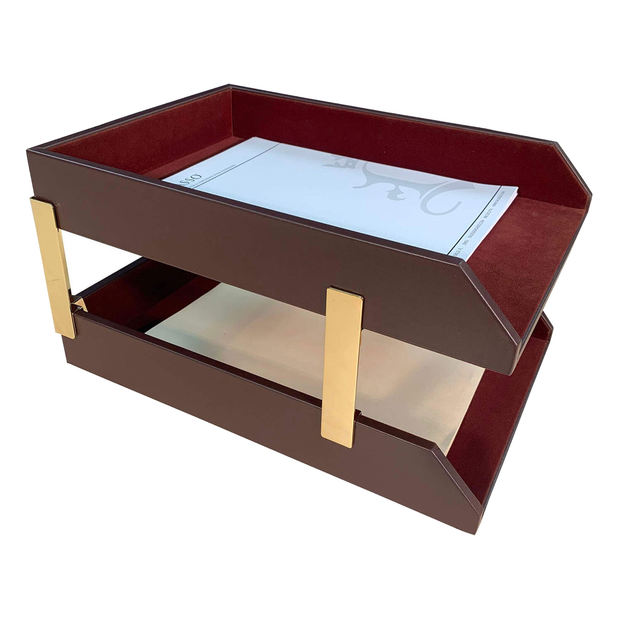 Chocolate Brown Leather Letter Trays, Legal Stacking Set, Gold