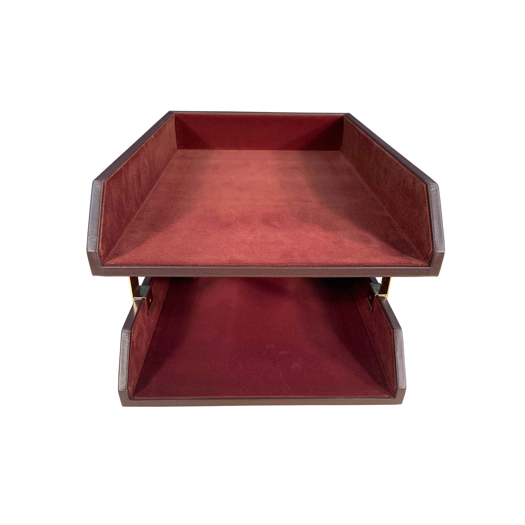 Chocolate Brown Leather Letter Trays, Legal Stacking Set, Gold