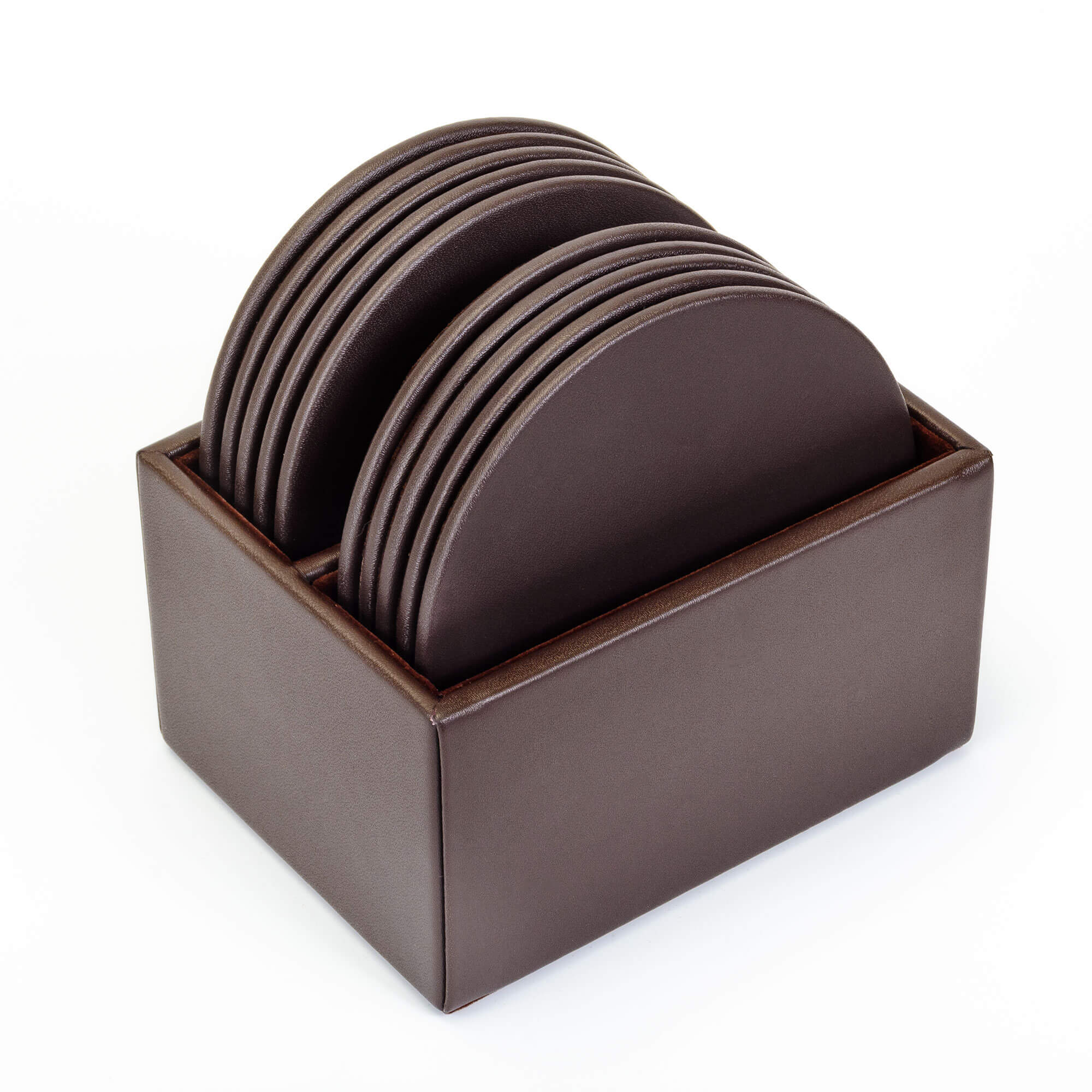 Chocolate Brown Leather 10 Round Coaster Set w/ Holder