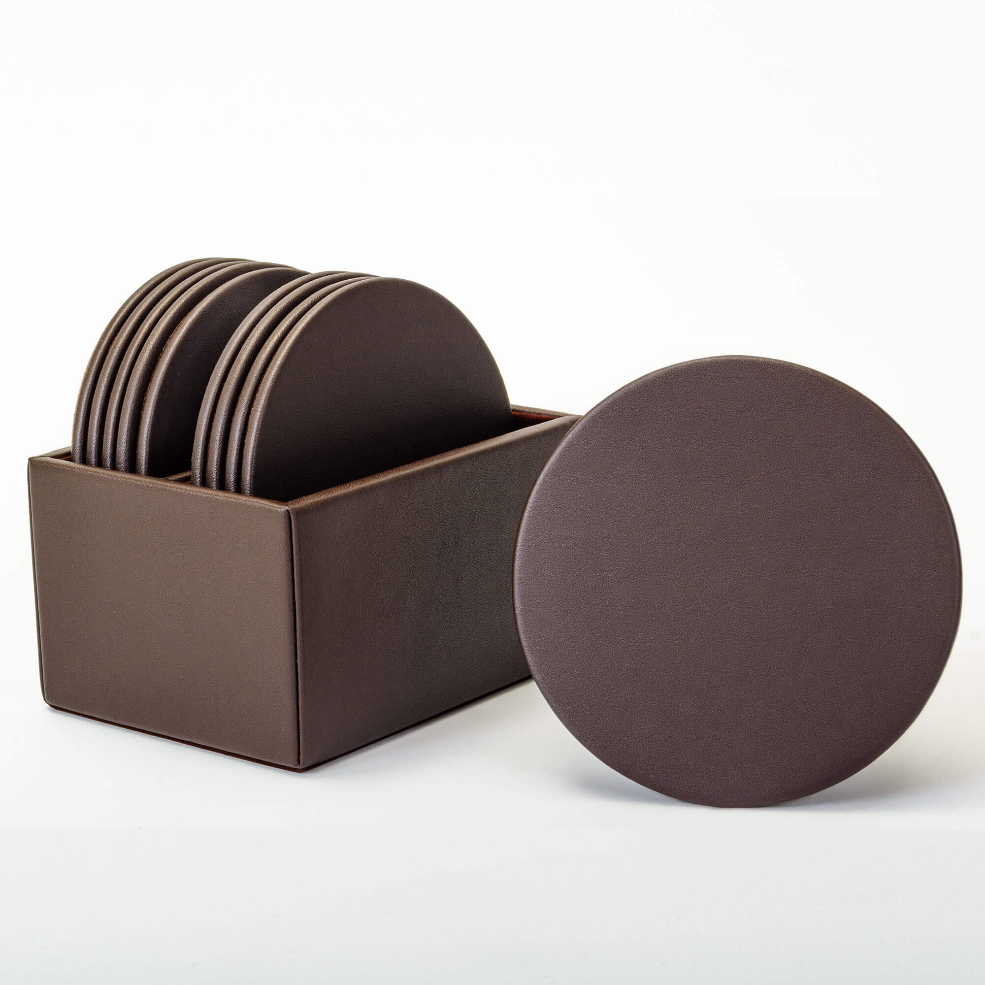 Chocolate Brown Leather 10 Round Coaster Set w/ Holder