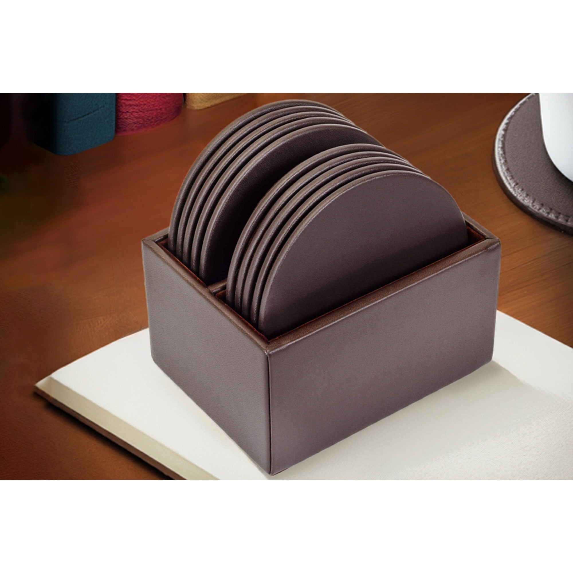 Chocolate Brown Leather 10 Round Coaster Set w/ Holder