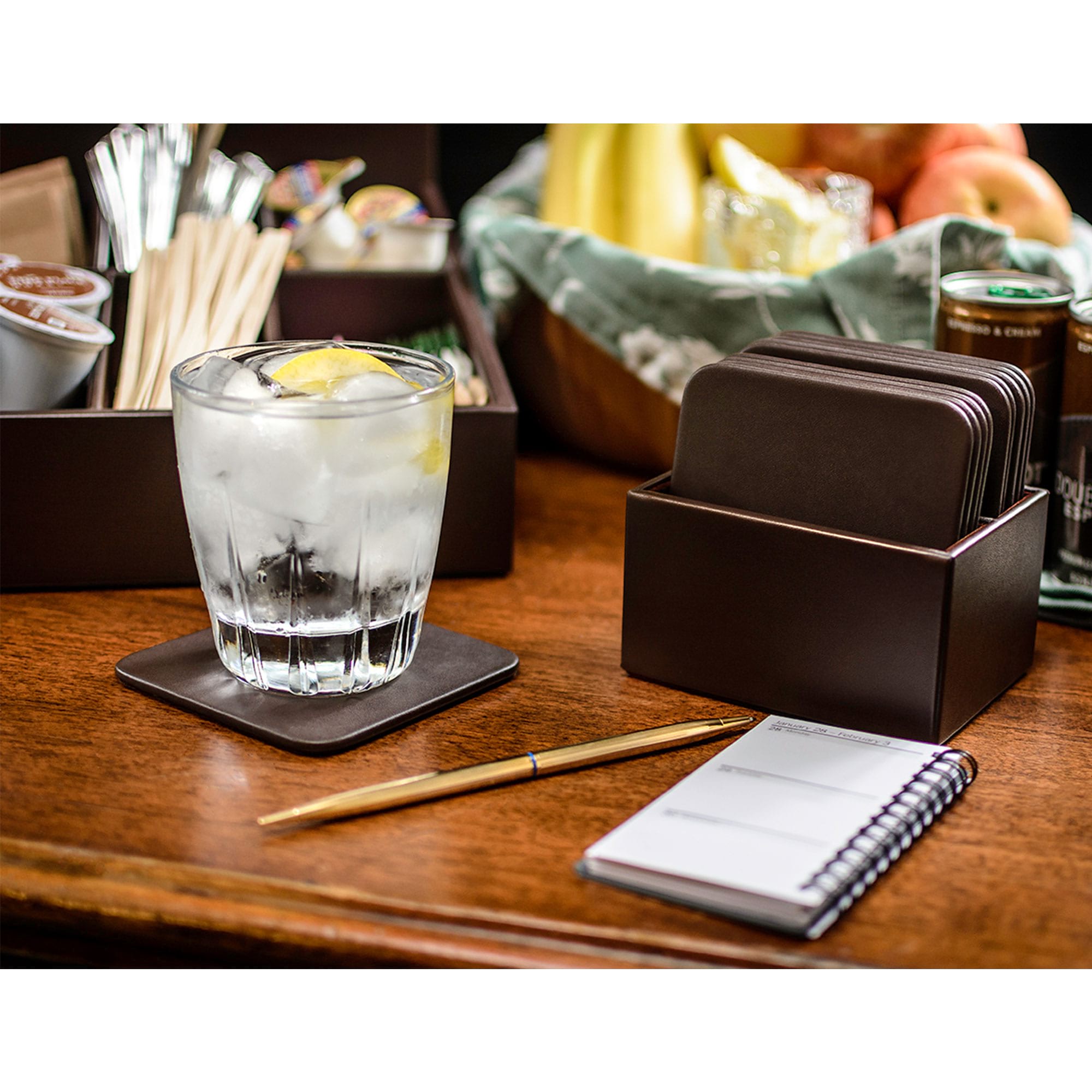 Chocolate Brown Leather 10 Square Coaster Set w/ Holder