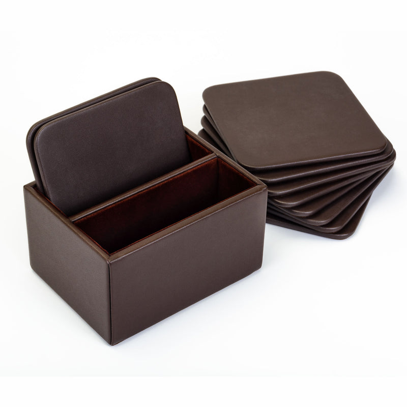 Chocolate Brown Leather 10 Square Coaster Set w/ Holder