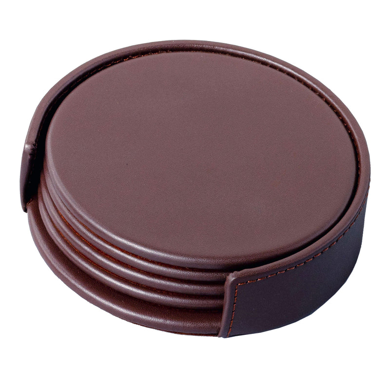 Chocolate Brown Leather 4 Round Coaster Set w/ Holder