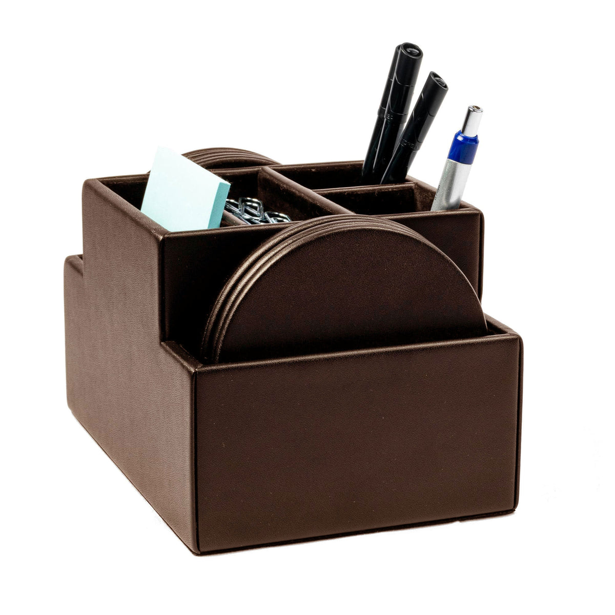 Chocolate Brown Leather 8 Round Coaster Set w/ Holder