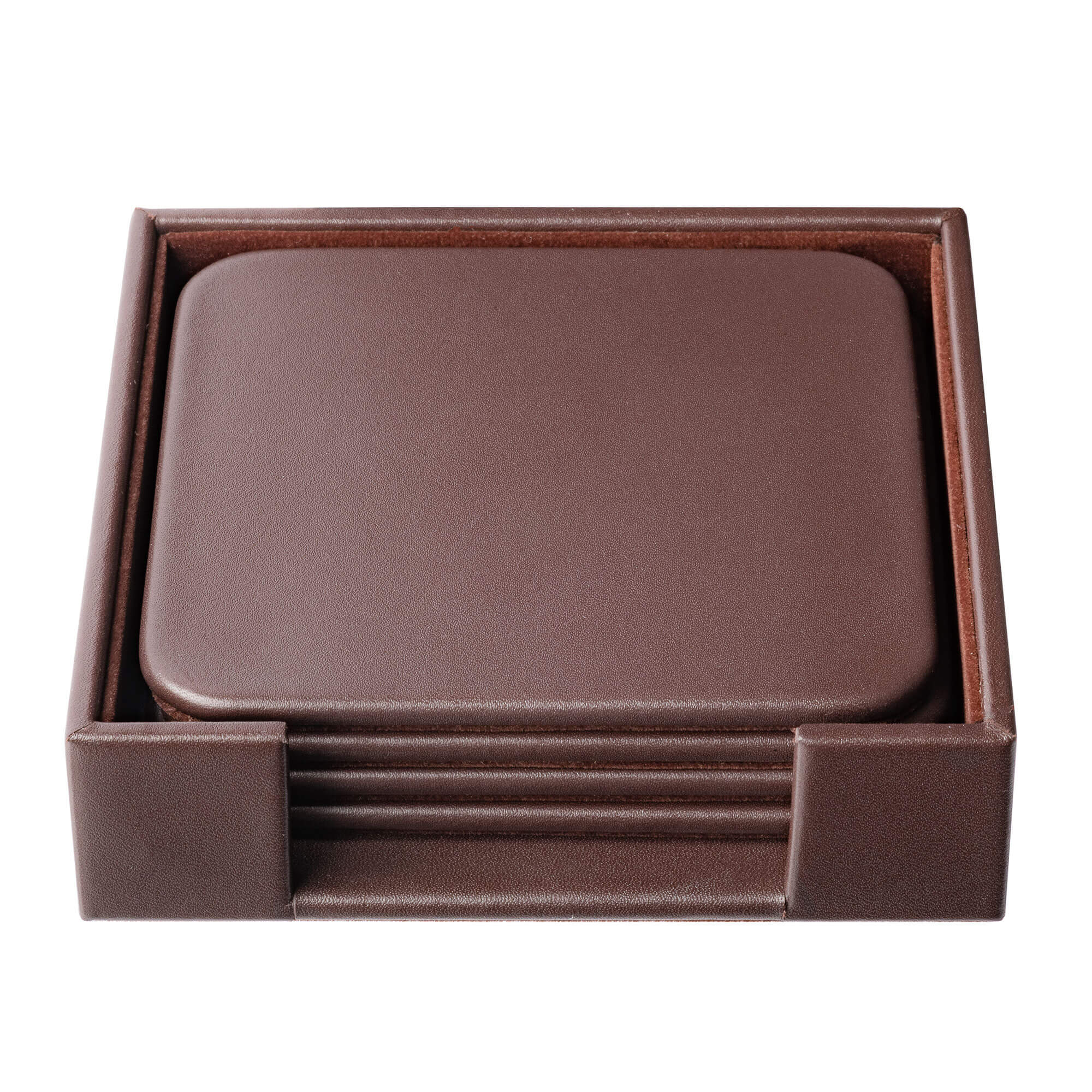 Chocolate Brown Leather 4 Square Coaster Set w/ Holder