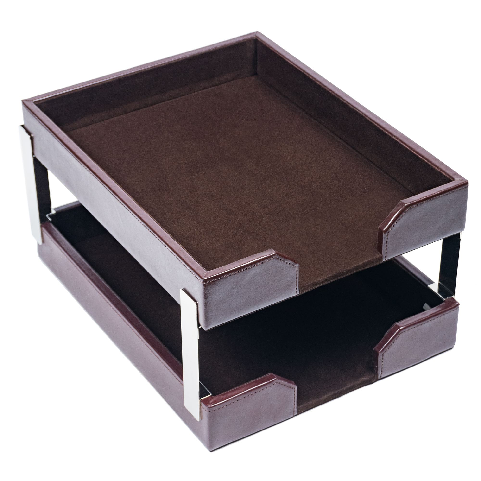 Dark Brown Bonded Leather Letter Trays, Stacking Set, Silver