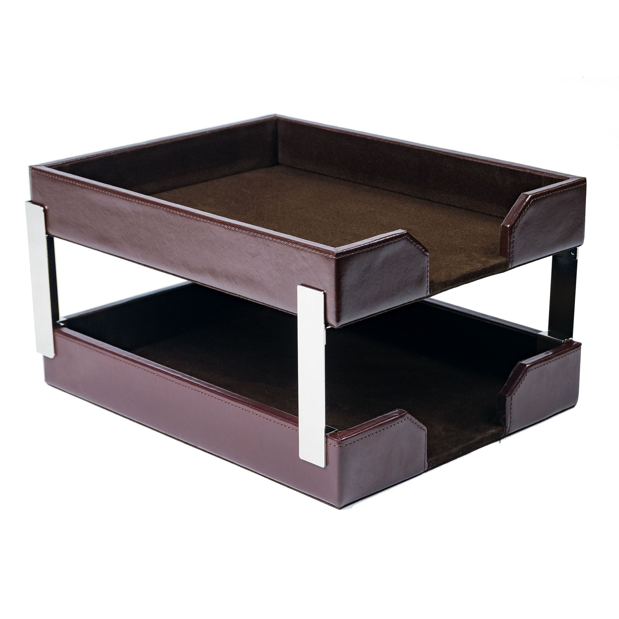 Dark Brown Bonded Leather Letter Trays, Stacking Set, Silver