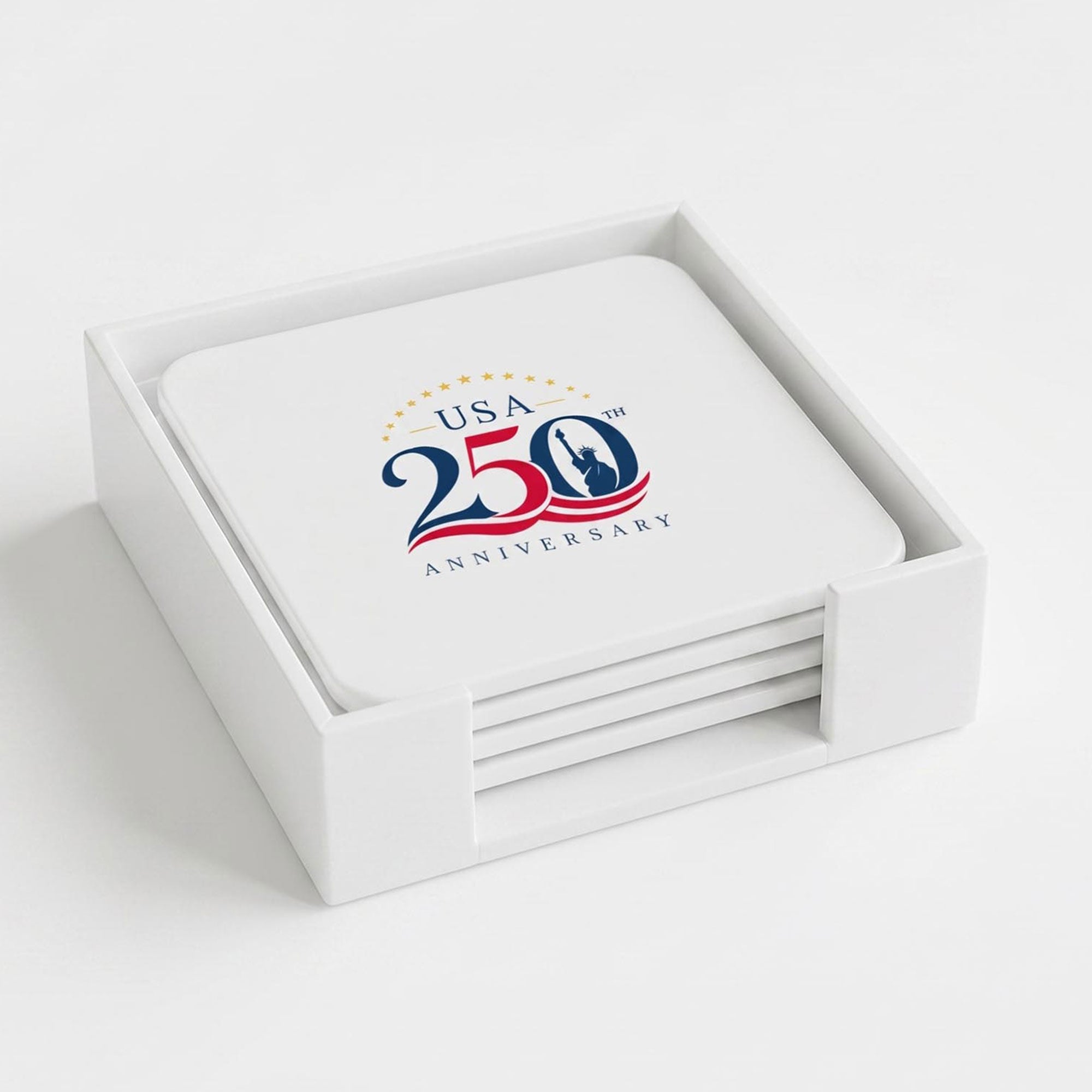 White Leather 4 Square Coaster Set with Holder