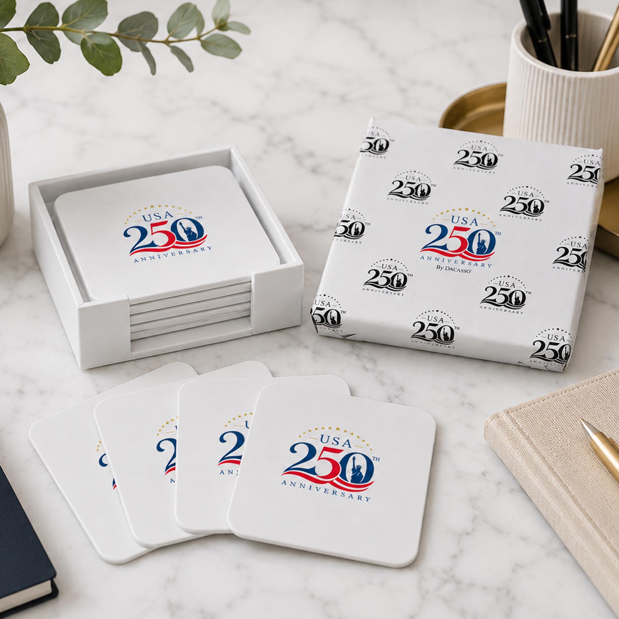 White Leather 4 Square Coaster Set with Holder