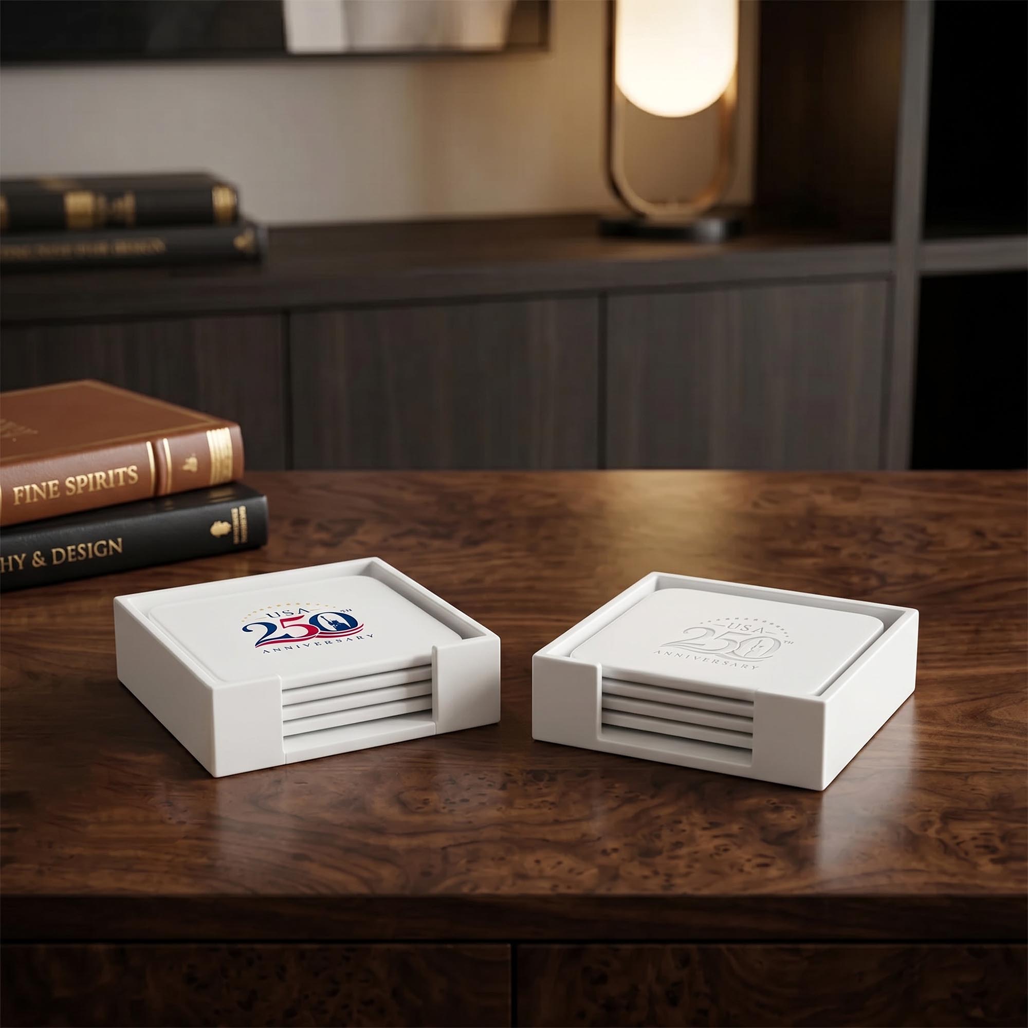 America 250 Limited Edition Handmade White Leather 4 Square Coaster Set with Holder