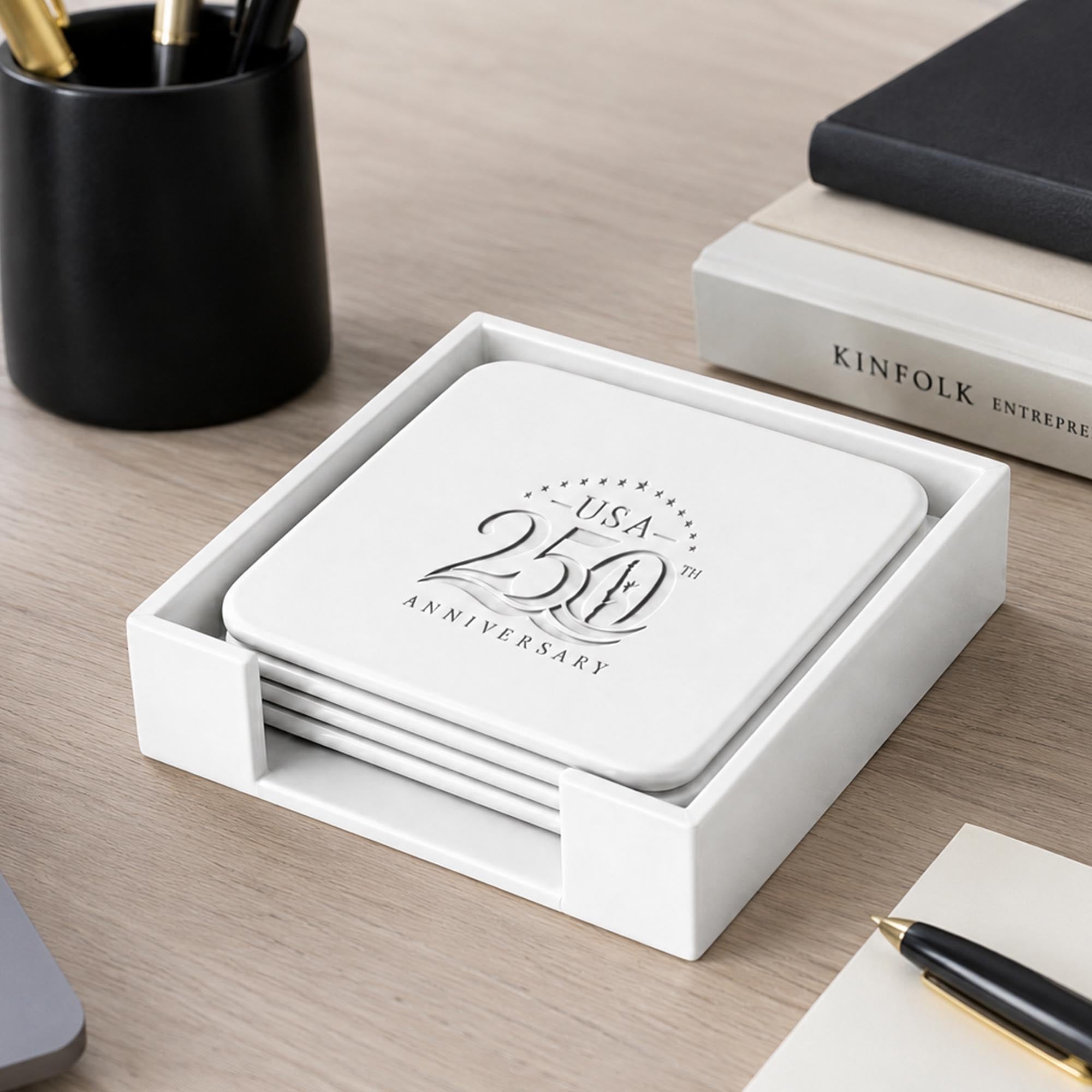 White Leather 4 Square Coaster Set with Holder