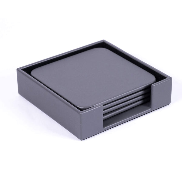 Gray Leatherette 4 Square Coaster Set w/ Holder