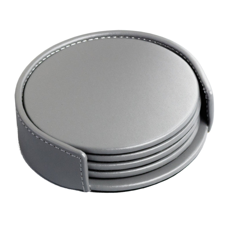 Gray Leatherette 4 Round Coaster Set w/ Holder