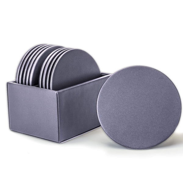 Gray Leatherette 10 Round Coaster Set w/  Holder