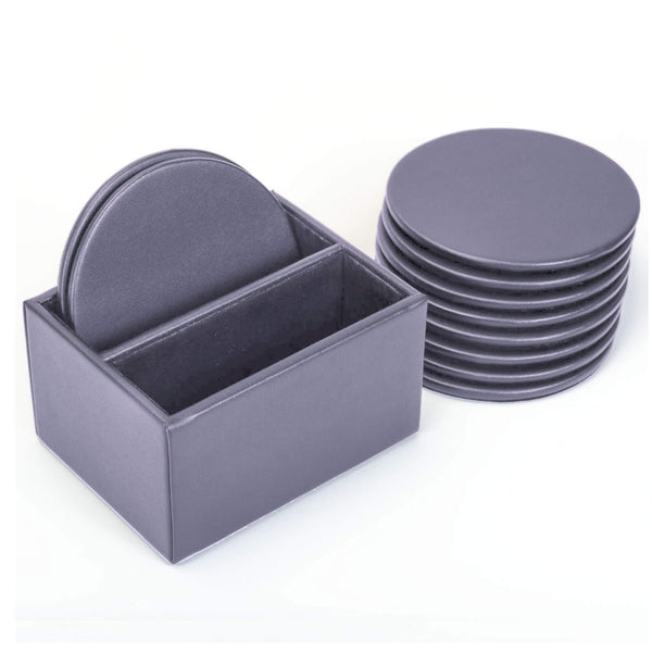 Gray Leatherette 10 Round Coaster Set w/  Holder