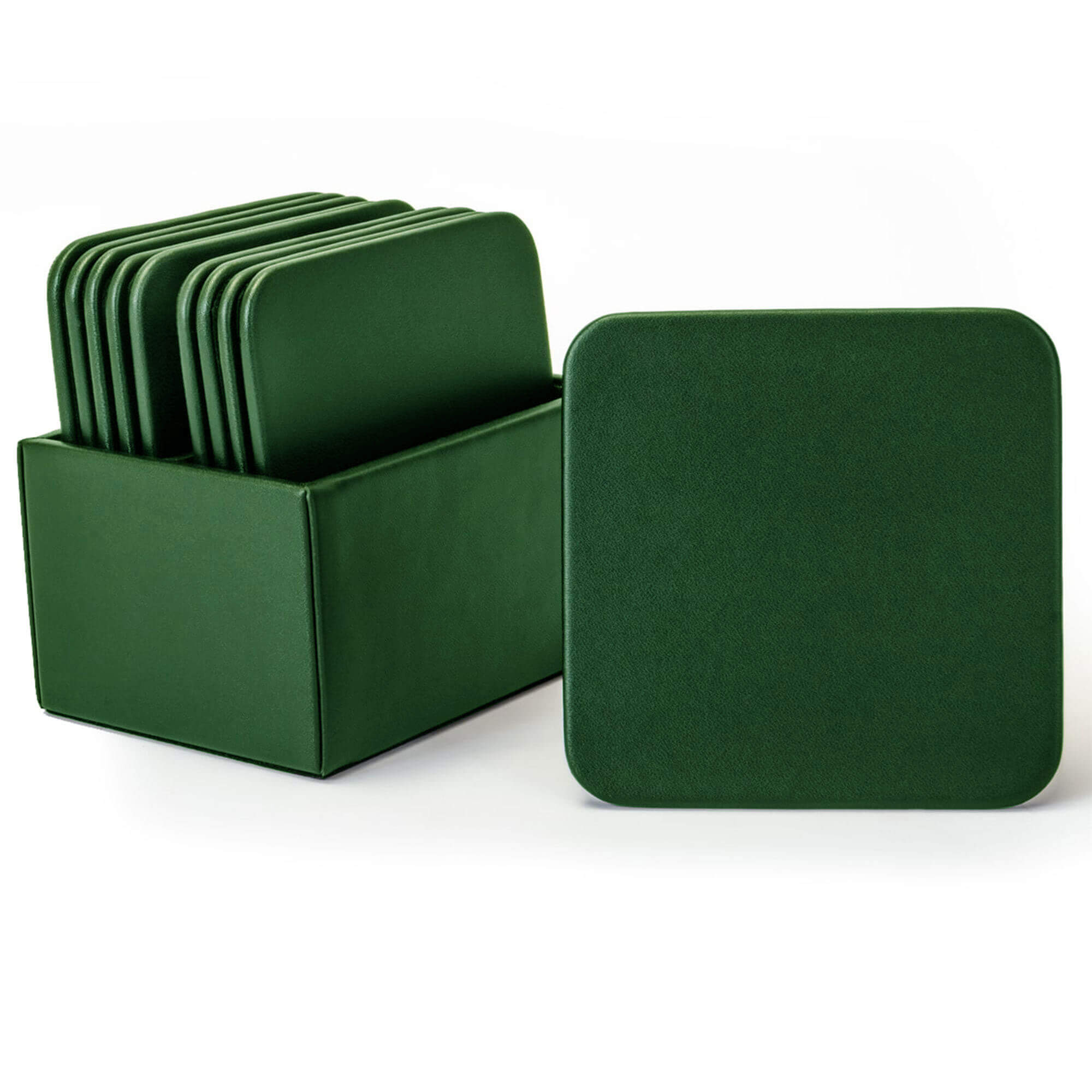Dark Green Leather 10 Square Coaster Set w/ Holder