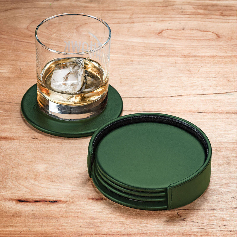 Dark Green Leather 4 Round Coaster Set w/ Holder