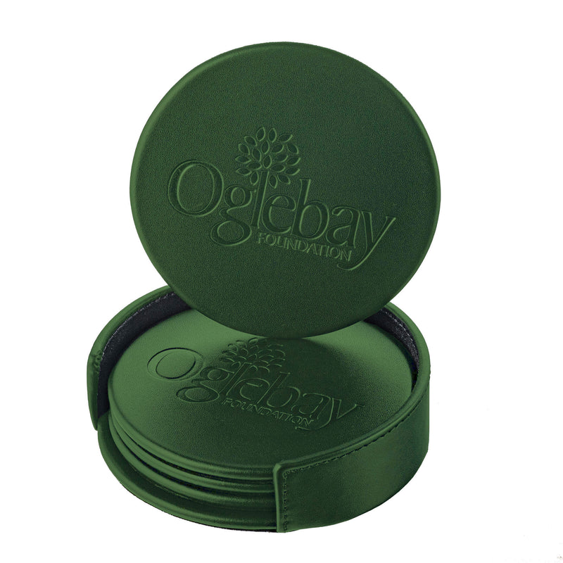 Dark Green Leather 4 Round Coaster Set w/ Holder