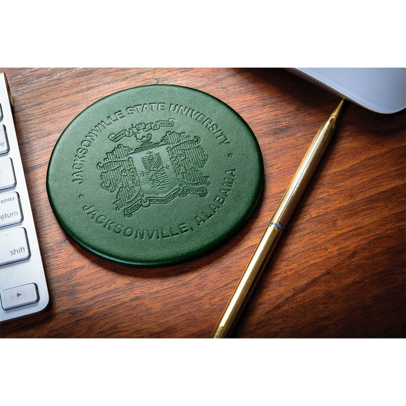 Dark Green Leather 4 Round Coaster Set w/ Holder