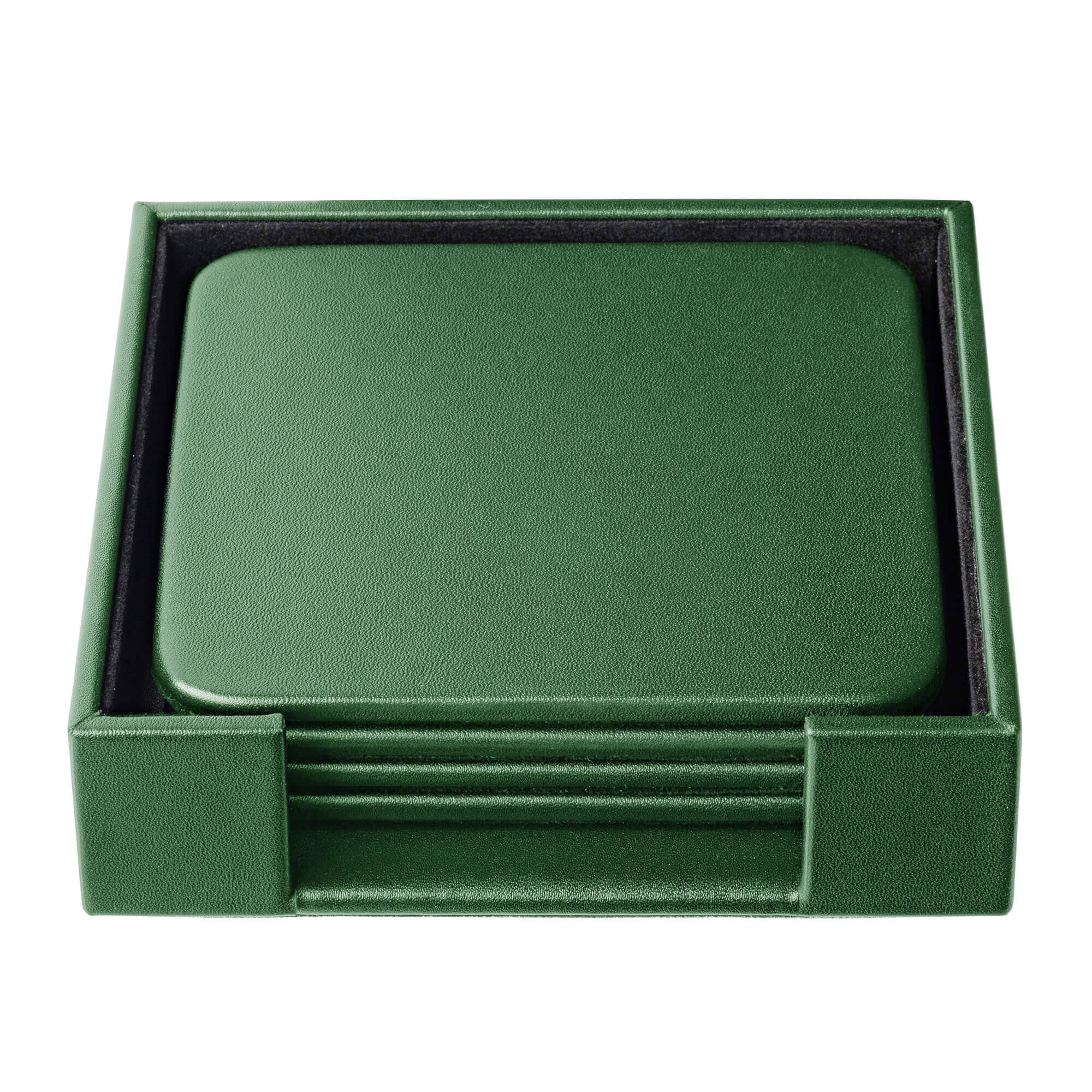 Dark Green Leather 4 Square Coaster Set w/ Holder