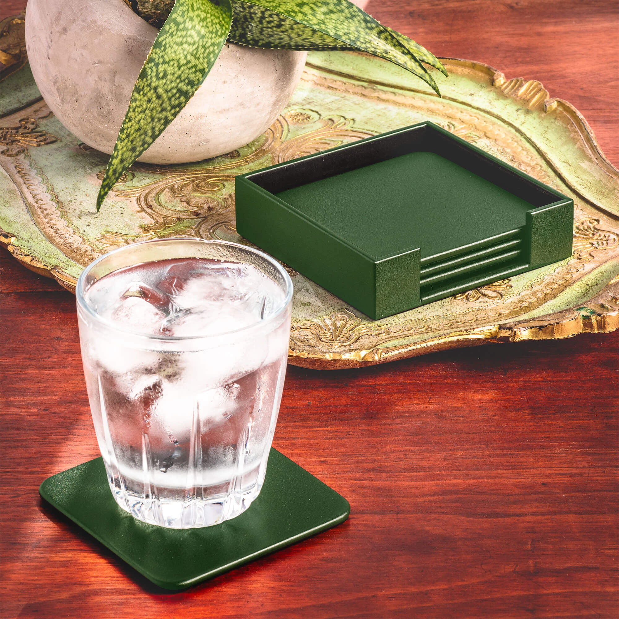 Dark Green Leather 4 Square Coaster Set w/ Holder