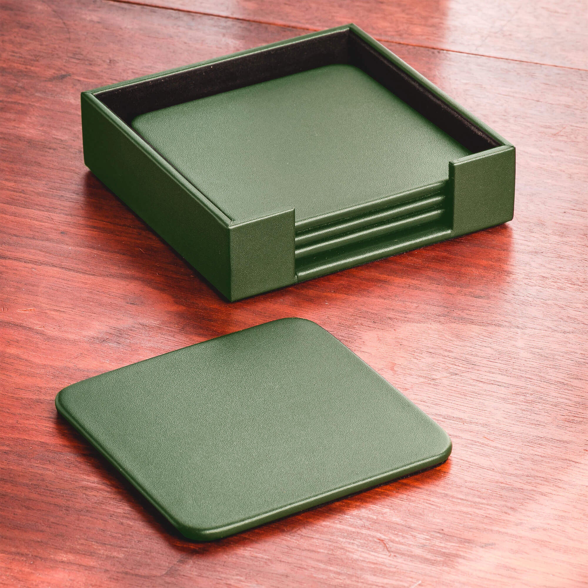 Dark Green Leather 4 Square Coaster Set w/ Holder