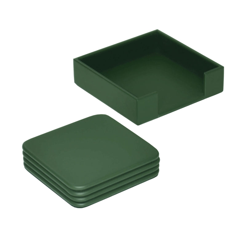 Dark Green Leather Square Coaster Set with Holder