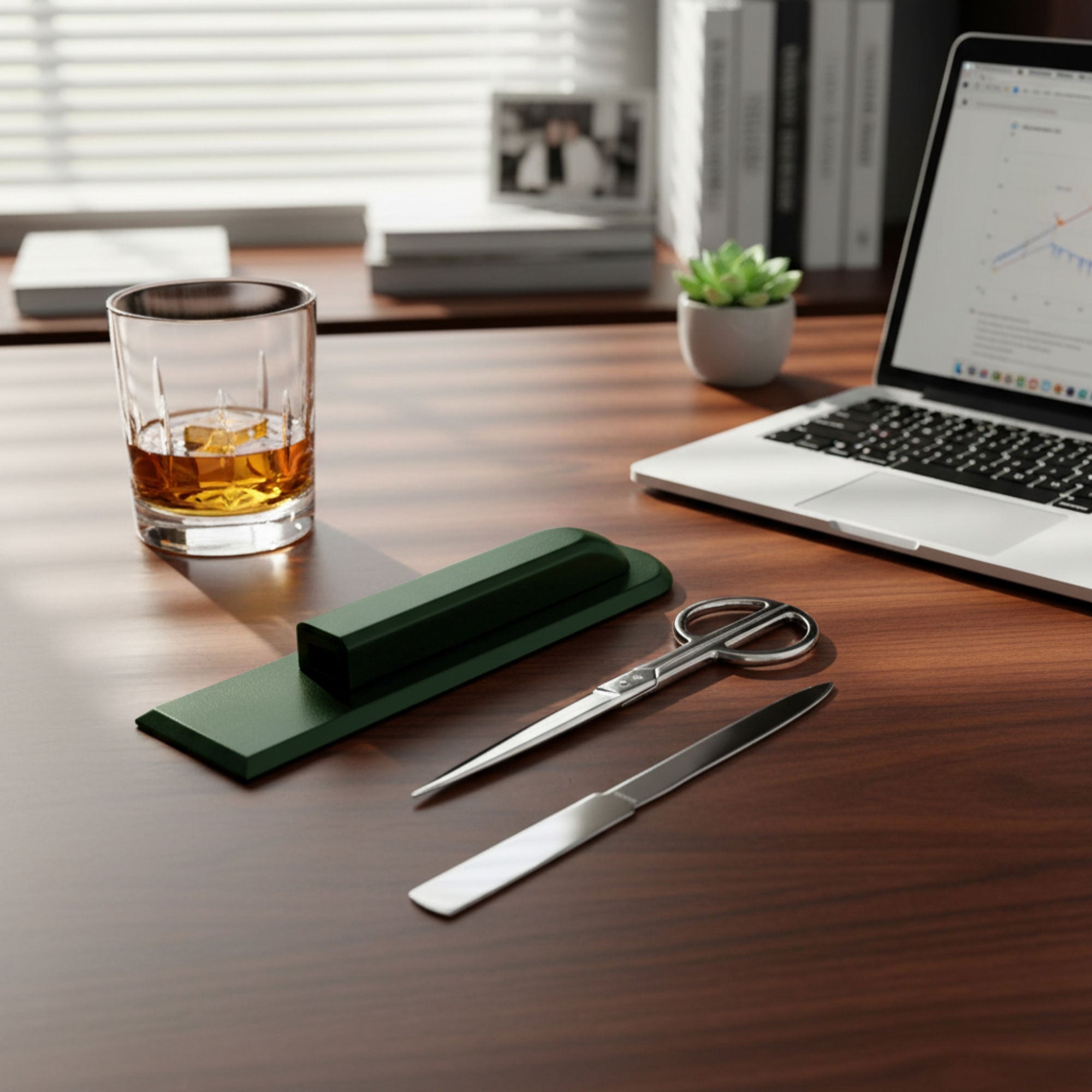 Dark Green Leather Library Set With Silver Hardware