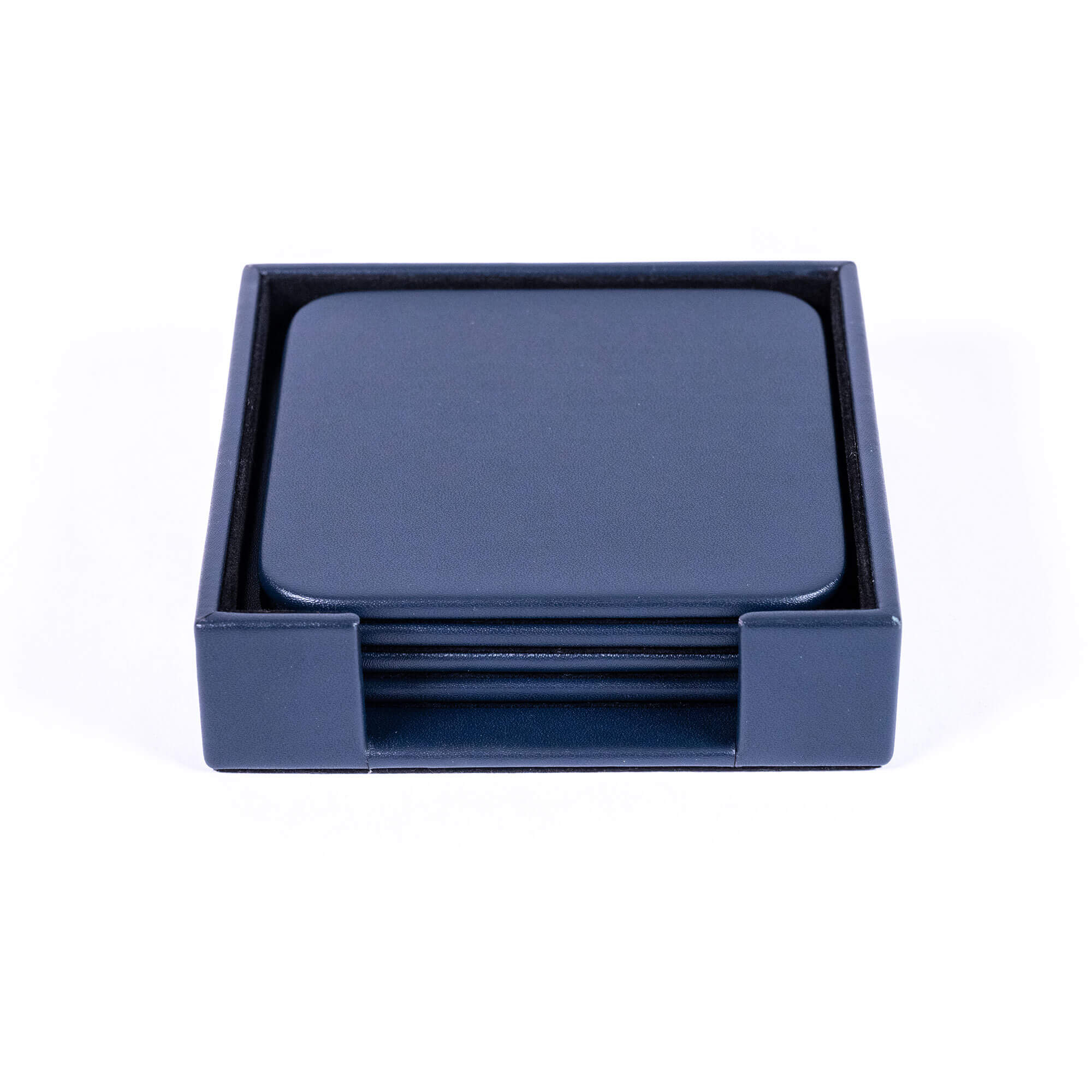 Navy Blue Leatherette 4 Square Coaster Set w/ Holder
