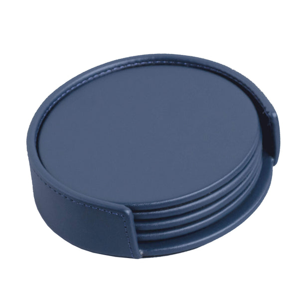 Navy Blue Leatherette 4 Round Coaster Set w/ Holder