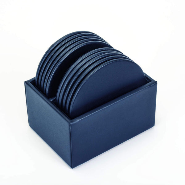 Navy Blue Leatherette 10 Round Coaster Set w/ Holder